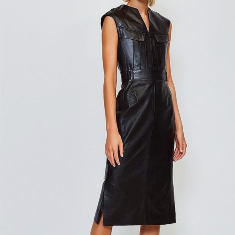 Karen Millen Leather Pocket Detail Midi Dress In‎ Black Size US 10 Rare Find!